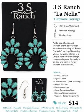 3S Ranch “La Nella” Turquoise Teardrop Cluster Earrings NWT